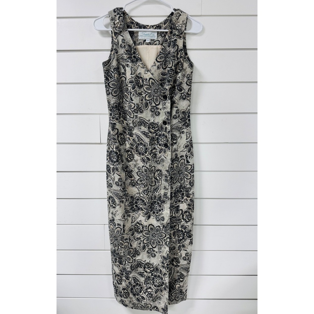 Santa Fe Jim Tremblay Vintage Floral Linen Blend Sheath Dress Black Beige Sz 8